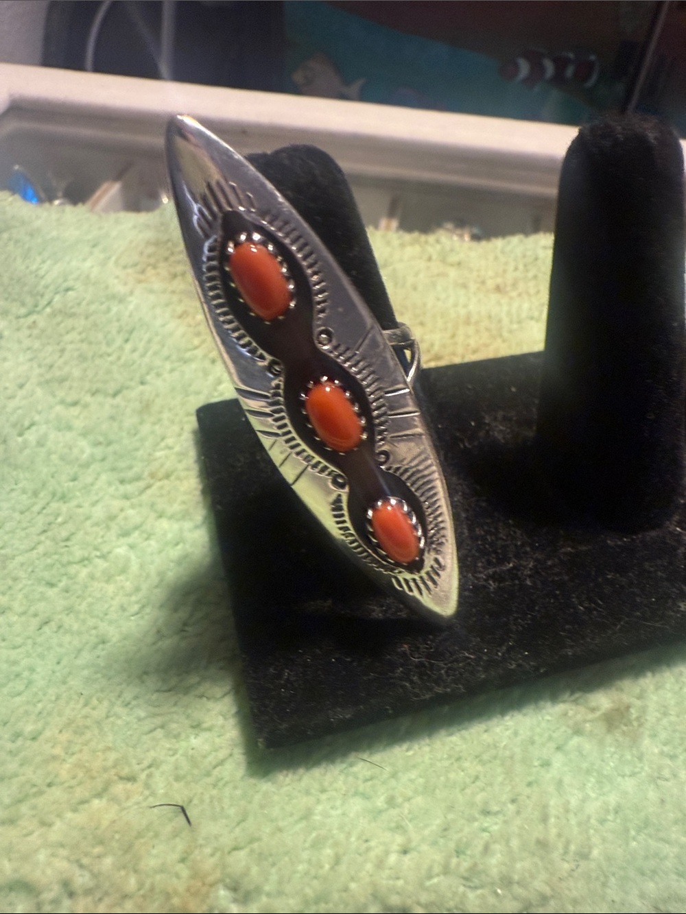 Silver Marquise Ring with Orange Stone Accents old circa 1960